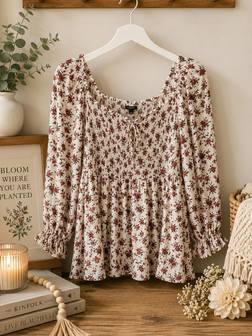 Torrid Floral Smocked Peplum Blouse Size 4 Ivory Red Long Sleeve Plus Size - Picture 1 of 6